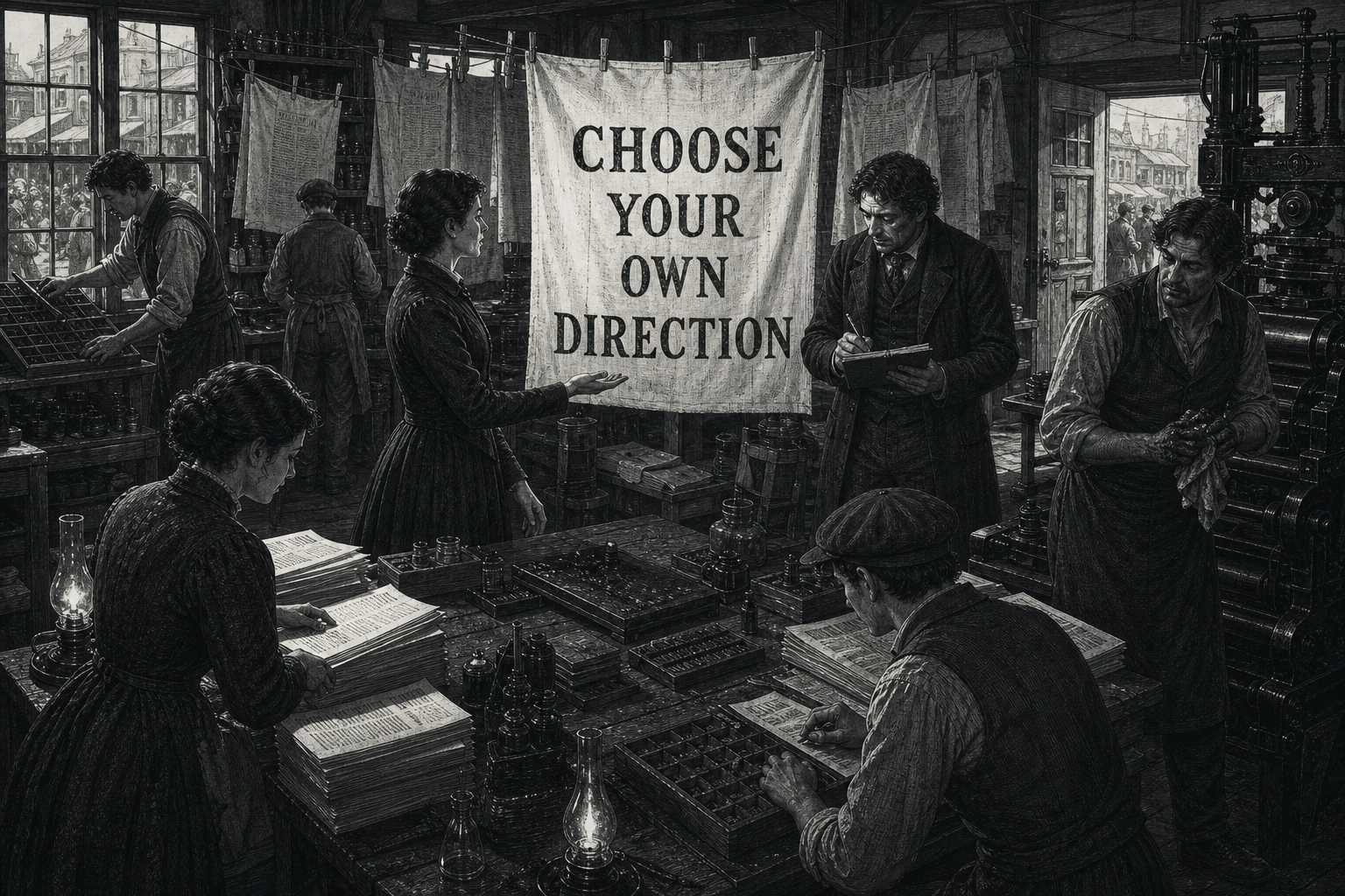 Printers making Choose Your Own Direction banners inside a crowded print shop