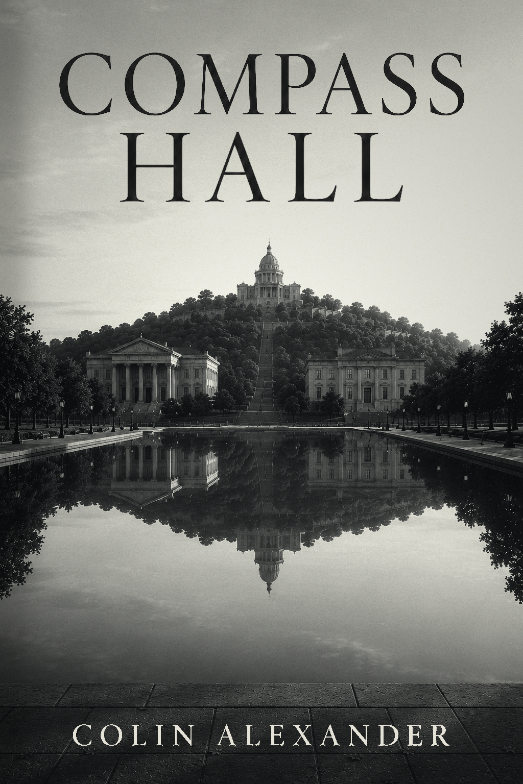 Compass Hall cover artwork showing a civic hall reflected in still water