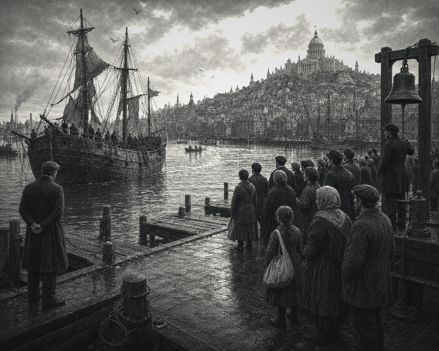 Citizens watching a damaged fleet arrive beneath Compass Hall after the northern sea disaster