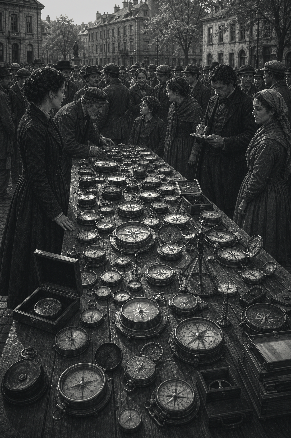 A long civic table covered with compasses before a quiet crowd