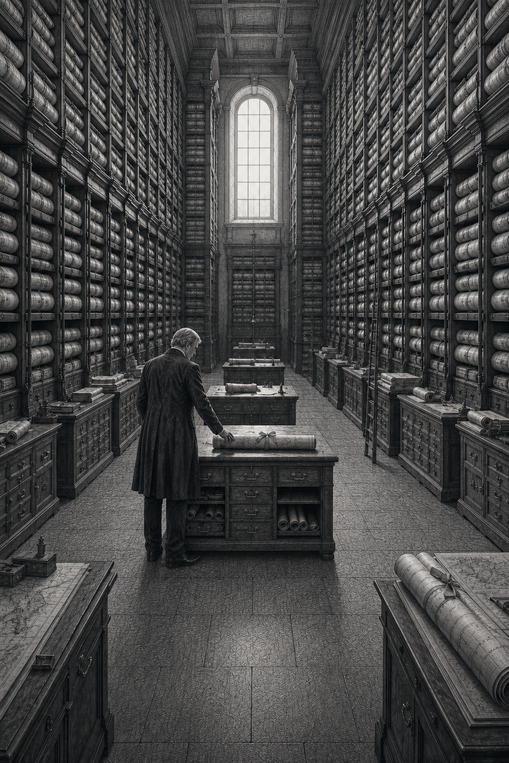 The Cartographer standing alone among high shelves of precisely ordered maps